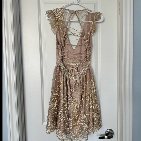 Hello Molly Roaming Free Dress Small Champagne Glitter Lace Up Back Party Mini - Picture 4 of 14